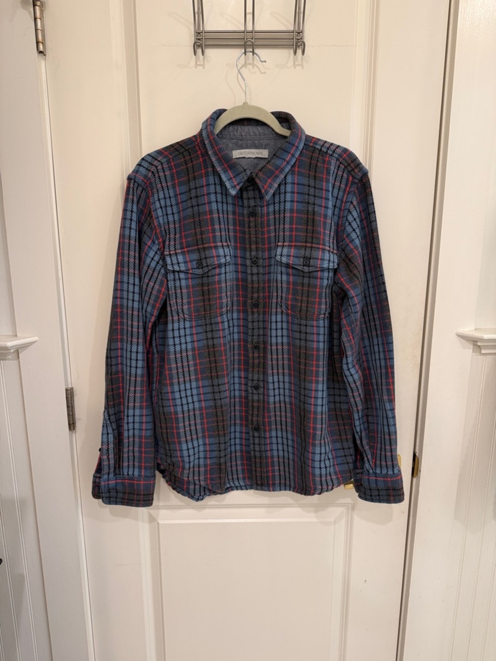 Outerknown Blanket Shirt in Blue and Orange Stripe Plaid Button-Down Shirt
